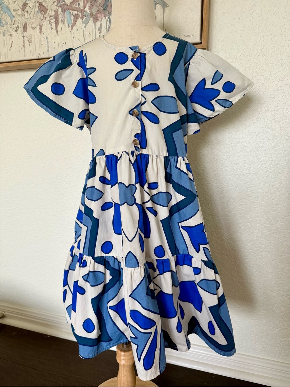Tea Collection Blue & White Bold Print Tiered Dress